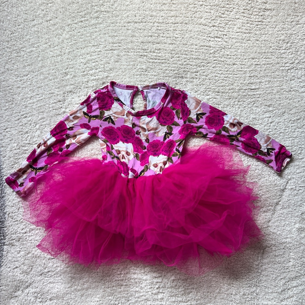 Girls Pink Rose Floral And Skulls Tutu Dress